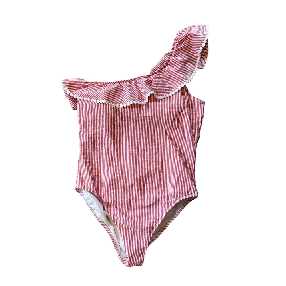 J.Crew Womens Red White Seersucker One-Shoulder Ruffle Swimsuit‎ Plus Size 16